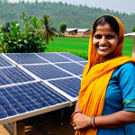 Rural Microgrid Empowerment**

A vibrant, fully clothed Indian woman, a farmer, smiles confidently next to a solar panel array in her village. Modest traditional clothing, like a salwar kameez, is worn. In the background are modest homes benefiting from electricity. Safe for work, appropriate content, perfect anatomy, natural pose, professional photograph, family-friendly.

**