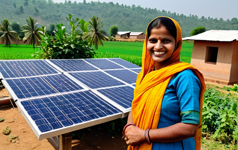 Rural Microgrid Empowerment**

A vibrant, fully clothed Indian woman, a farmer, smiles confidently next to a solar panel array in her village. Modest traditional clothing, like a salwar kameez, is worn. In the background are modest homes benefiting from electricity. Safe for work, appropriate content, perfect anatomy, natural pose, professional photograph, family-friendly.

**
