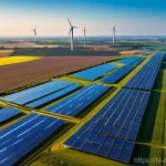 압축 공기 에너지 저장  CAES - **Prompt:** "A vibrant, panoramic view of a modern energy landscape. In the foreground, large, gleam...