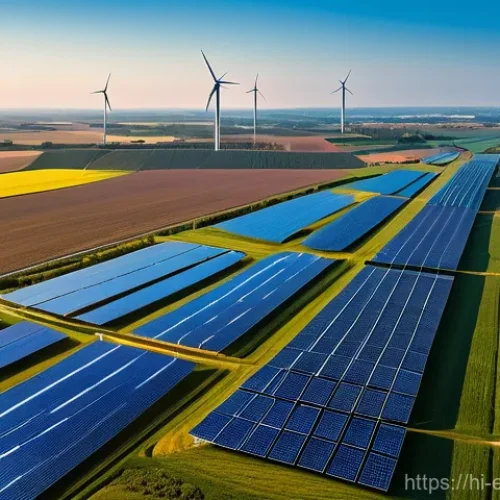 압축 공기 에너지 저장  CAES - **Prompt:** "A vibrant, panoramic view of a modern energy landscape. In the foreground, large, gleam...