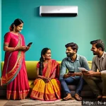 Home 22 스마트 에너지 플랫폼 - A modern Indian household living room featuring a visible smart meter device on the wall displaying ...