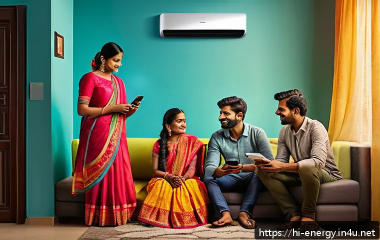스마트 에너지 플랫폼 - A modern Indian household living room featuring a visible smart meter device on the wall displaying ...