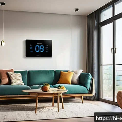 Home 33 에너지 절약형 건축 기술 - A modern Indian home interior showcasing smart energy-saving devices in use: a sleek smart thermosta...