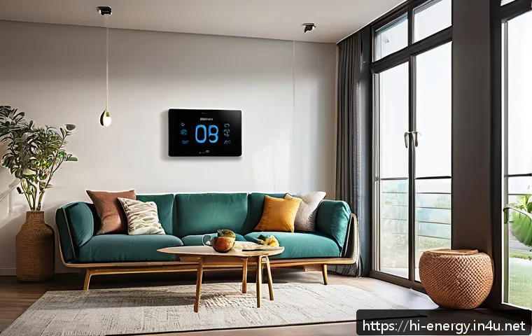에너지 절약형 건축 기술 - A modern Indian home interior showcasing smart energy-saving devices in use: a sleek smart thermosta...