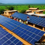 Home 20 재생 에너지 정책 비교 - A vibrant rural Indian village scene showcasing solar energy adoption: traditional houses with rooft...
