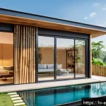 Home 19 제로 에너지 빌딩 설계 - A modern smart home designed with climate-responsive architecture in a warm Indian setting, featurin...