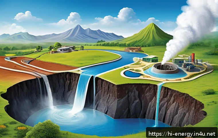 지열 발전 기술 - A highly detailed cross-sectional illustration of the Earth&rsquo;s interior focusing on geothermal energy...