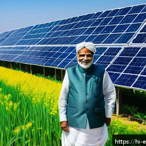 Home 17 에너지 자원 개발 - A vibrant and detailed image showcasing a modern solar energy farm in rural India, with numerous sol...
