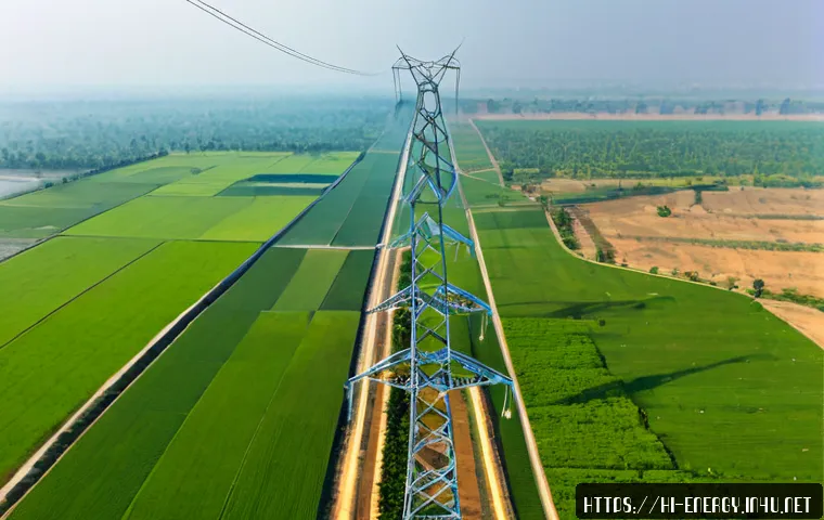 HVDC 전력 전송 - Photorealistic wide aerial view of a modern high-voltage direct current transmission corridor crossi...